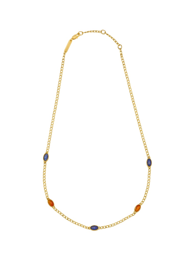 Lapis And Red Gemstone Chain Necklace - Gold Plated