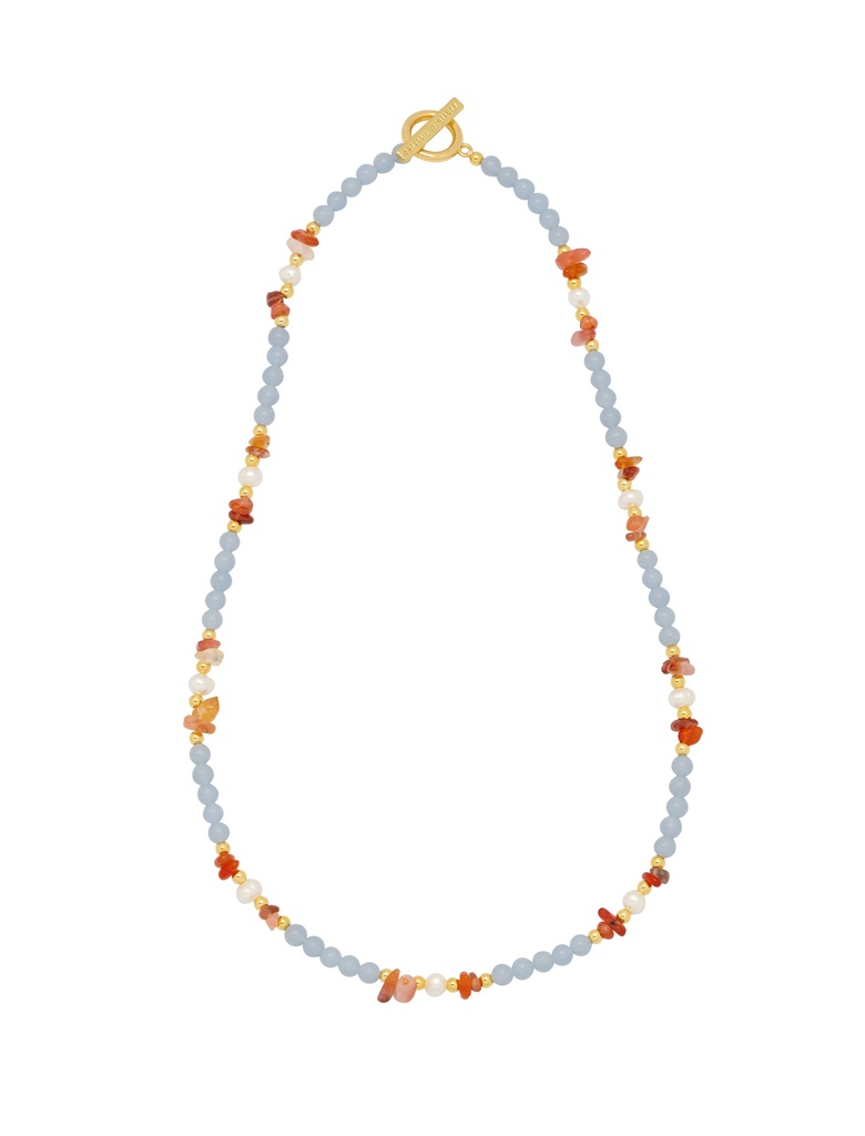 Blue Bead And Orange Chip T Bar Necklace - Gold Plated
