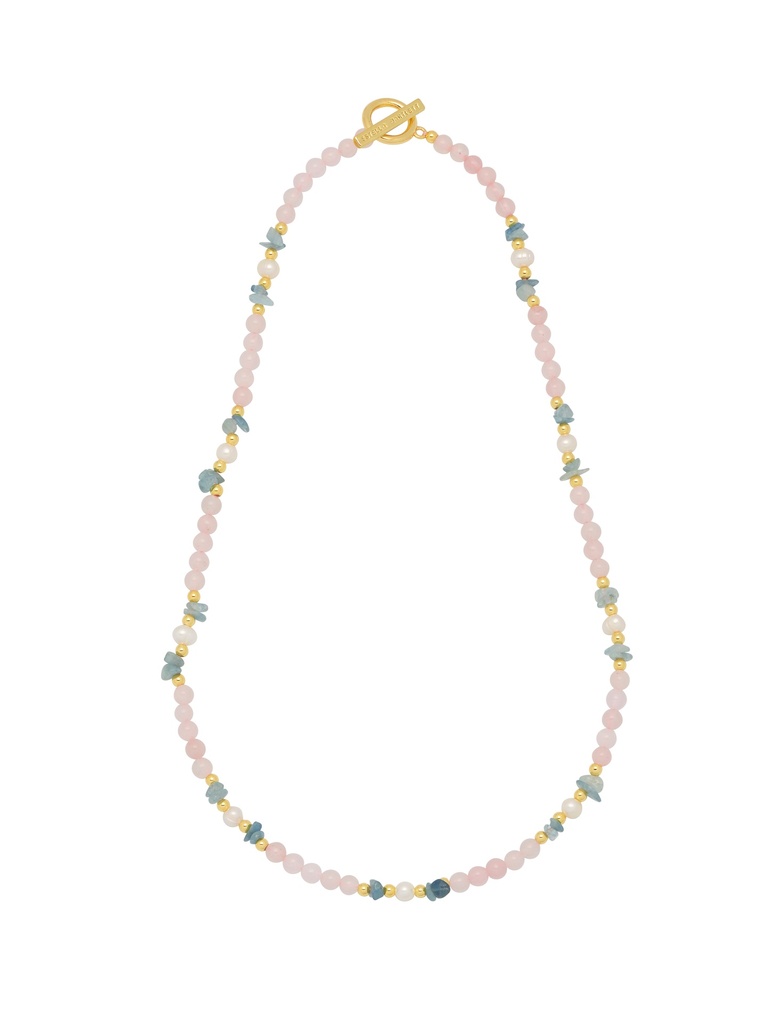 Pink And Blue Chip T Bar Necklace - Gold Plated