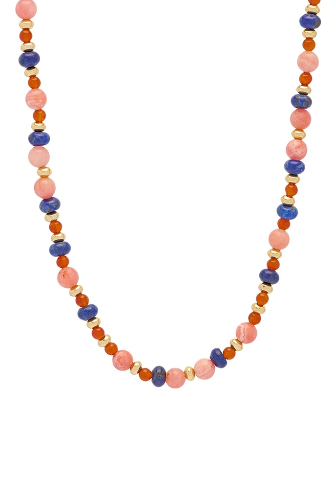 Pink, Blue And Red Beaded T Bar Necklace - Gold Plated