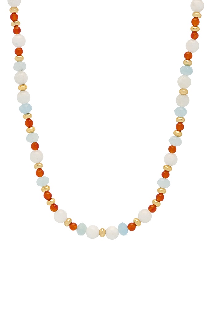 Moonstone, Blue And Red Beaded T Bar Necklace - Gold Plated