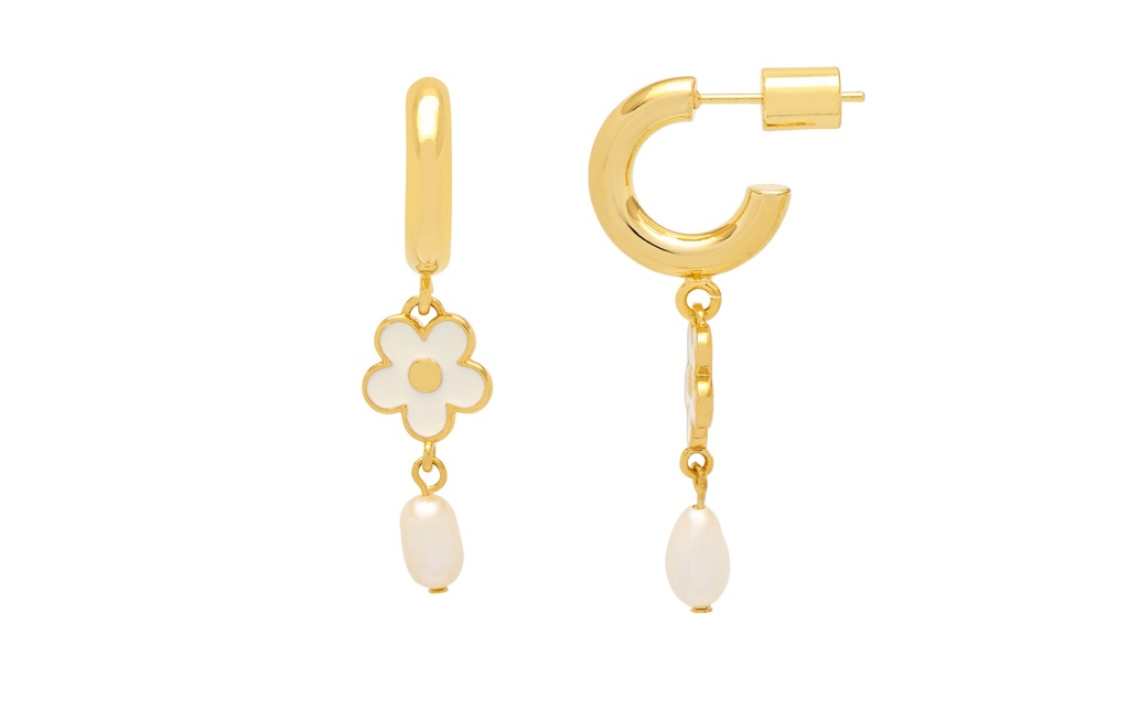 Enamel Flower Pearl Hoops - Gold Plated