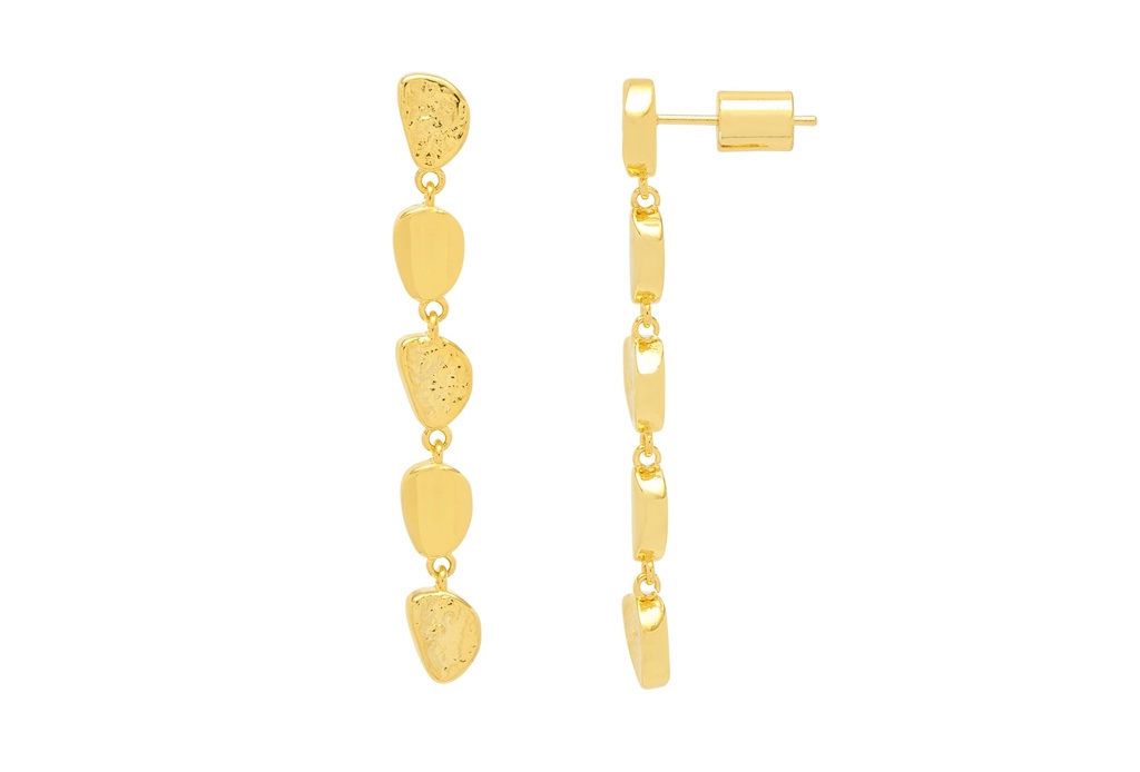 Hammered And Plain Pebble Drop Earrings - Gold Plated