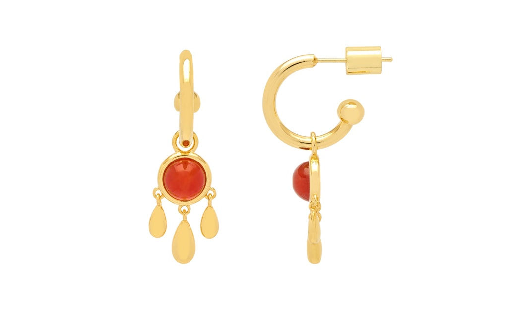 Carnelian Triple Drop Hoop Earrings - Gold Plated