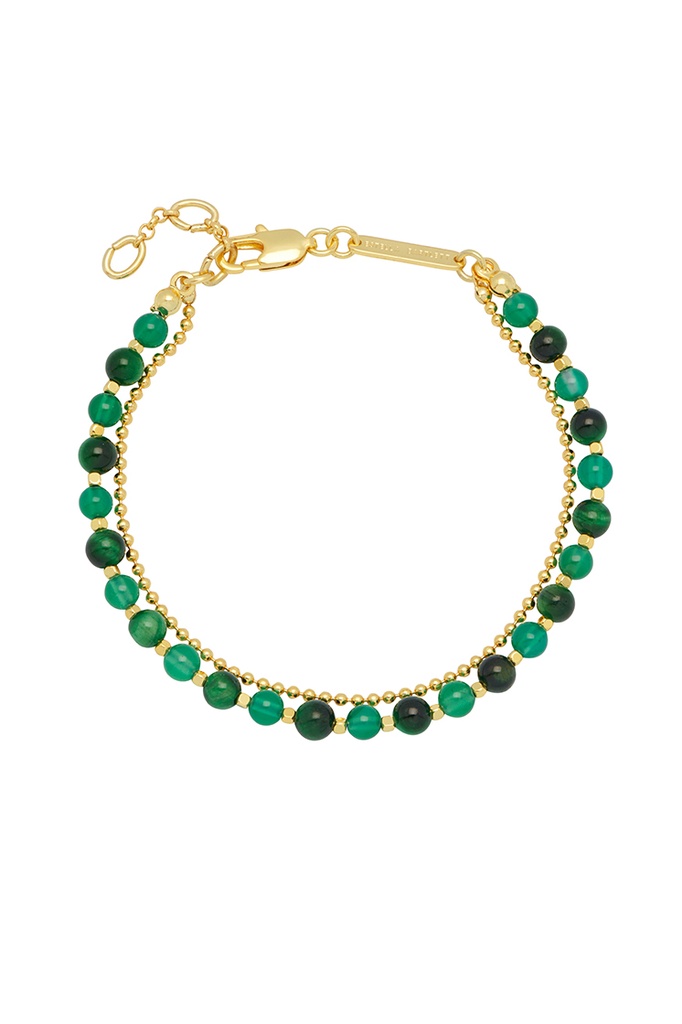 Green Cat Eye Beaded Duo Bracelet - Gold Plated