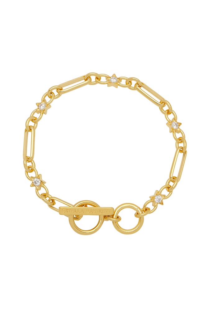 Star Cz Paper Link T-Bar Bracelet  - Gold Plated