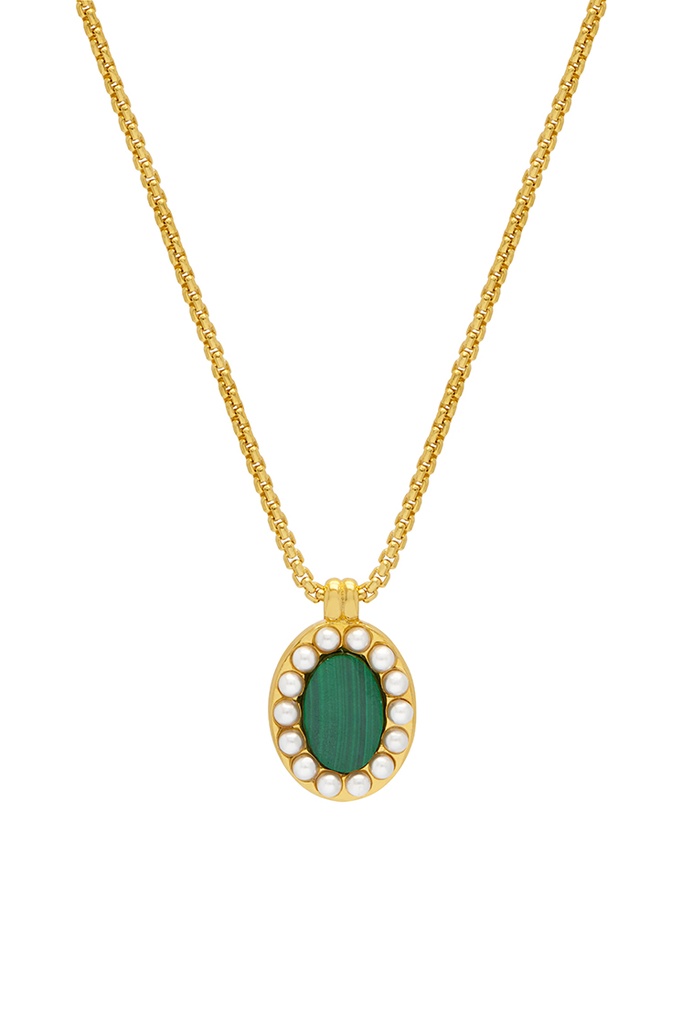 Malachite And Pearl Portrait Necklace - Gold Plated