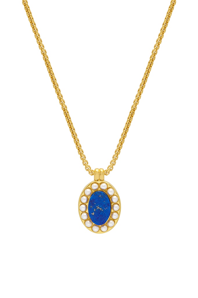 Lapis And Pearl Portrait Necklace - Gold Plated