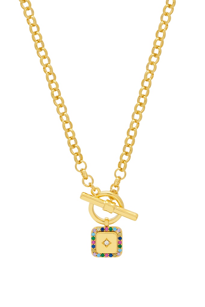 Square Multi Cz Paper Link T-Bar Necklace - Gold Plated