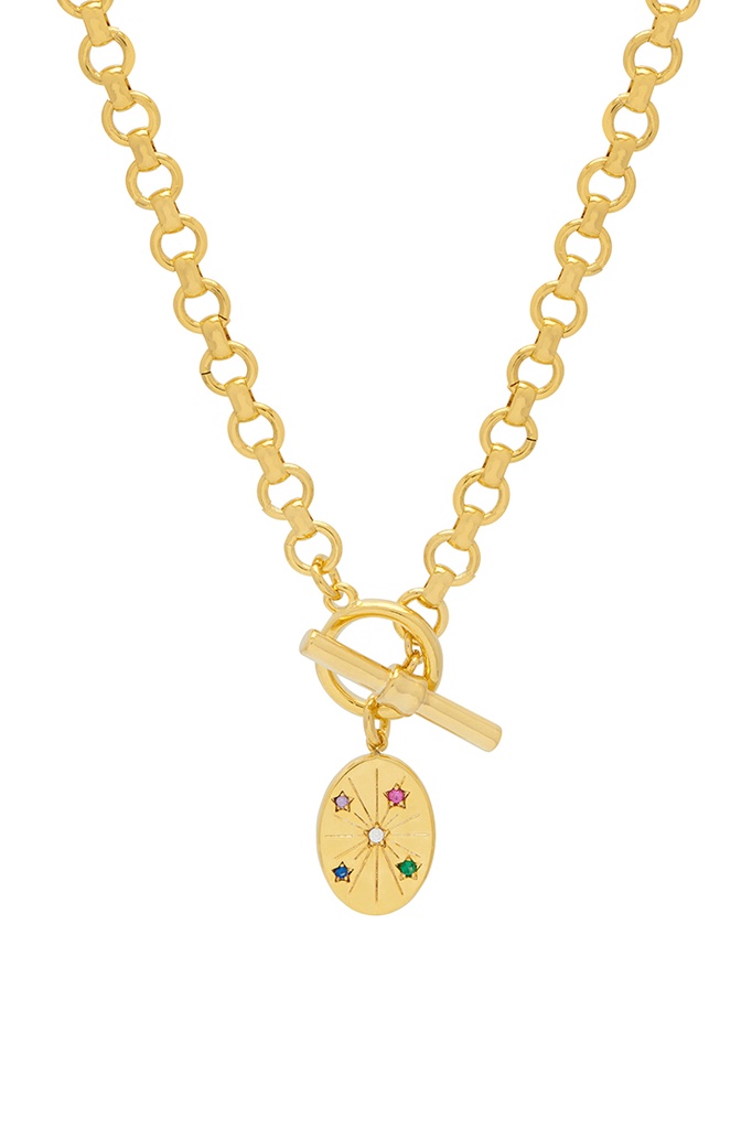 Oval Multi Star Round Link T-Bar Necklace - Gold Plated