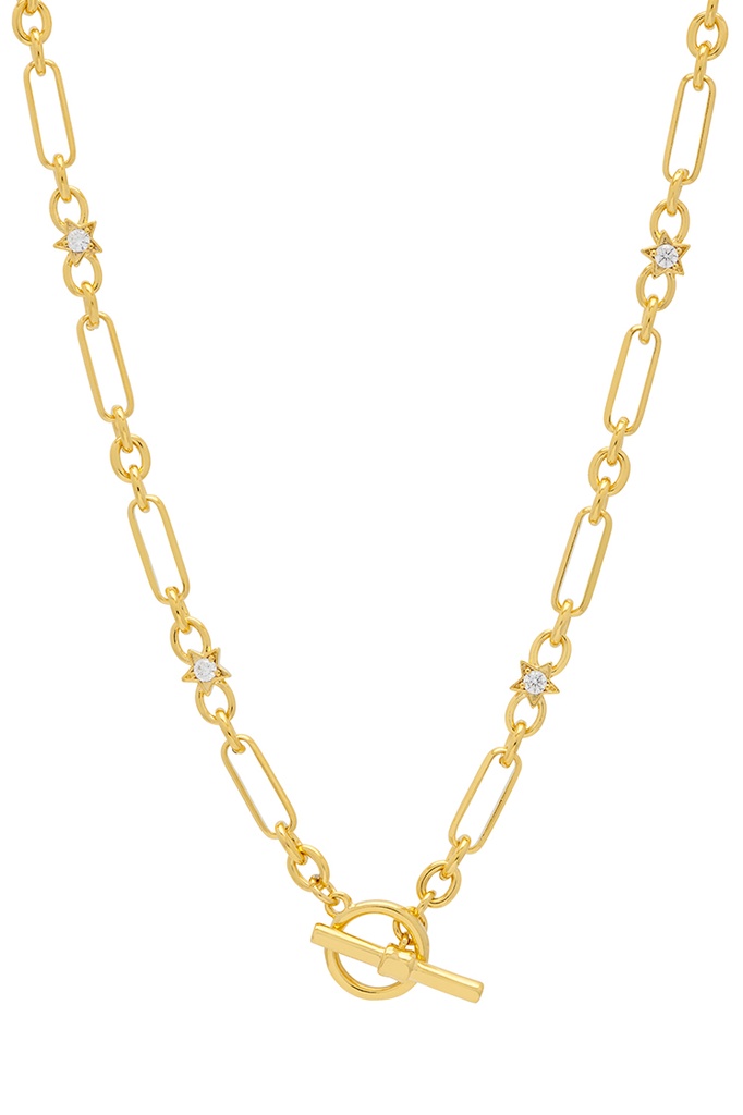 Star Cz Paper Link T-Bar Necklace - Gold Plated