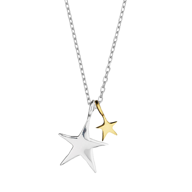 Two Tone Double Star Necklace - Silver Plated