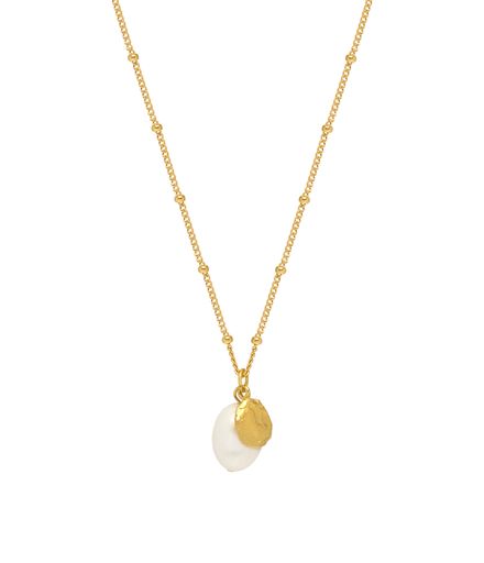 Textured Coin & Pearl Charm Necklace - Gold Plated