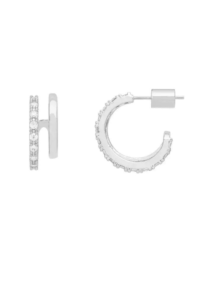 Double Loop Hoops With Cz - Silver Plate 