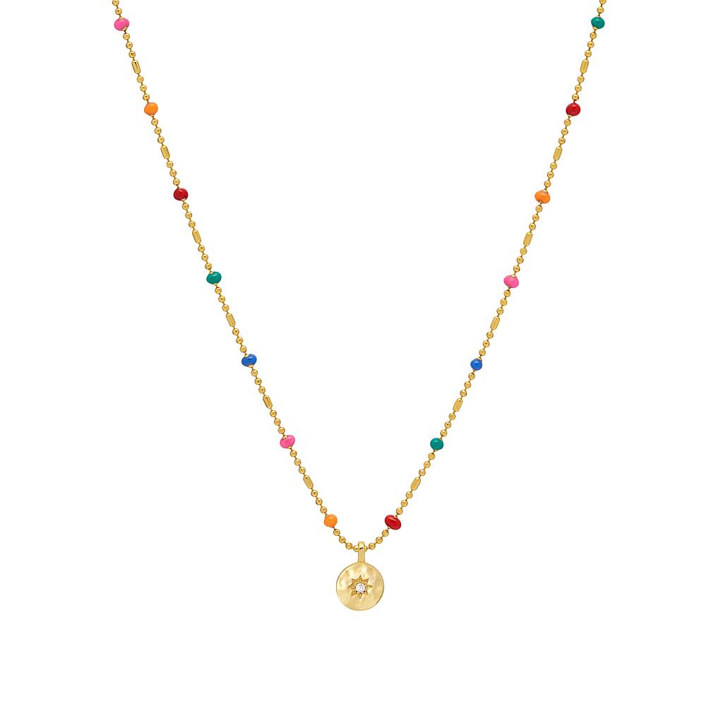 Cz Pendant Rainbow Beaded Necklace -  Gold
