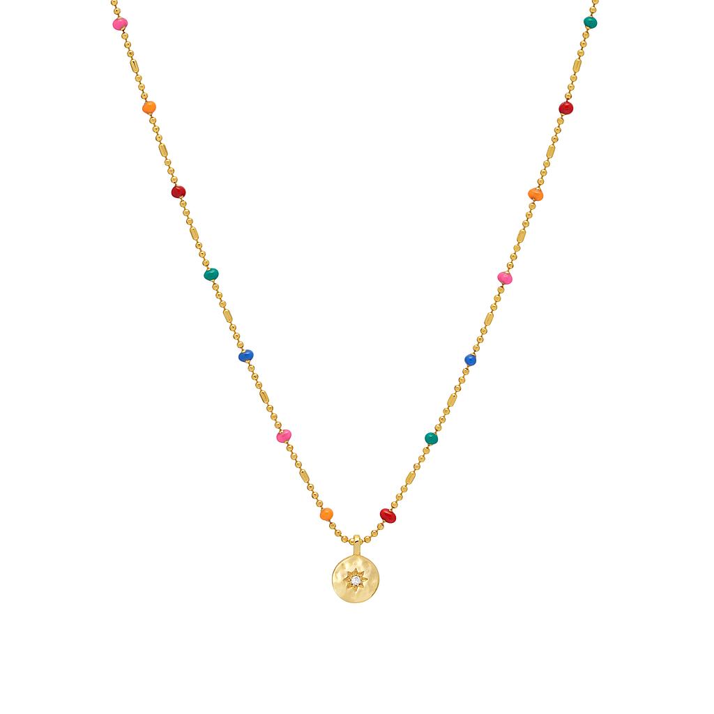 Cz Pendant Rainbow Beaded Necklace -  Gold