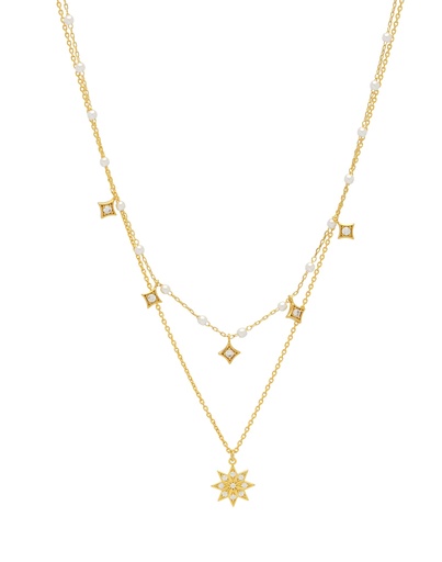 [EBN5852G] Pearl And Star Double Chain Necklace - Gold Plated