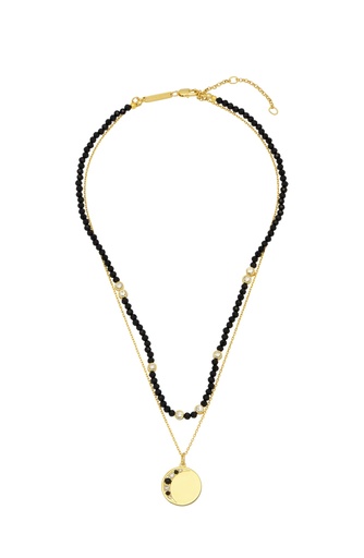 [EBN5854G] Black And Cz Double Chain Moon Necklace - Gold Plated