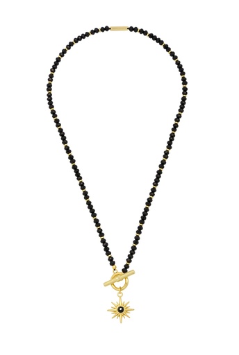 [EBN5858G] Black Agate Star Charm T-Bar Necklace - Gold Plated