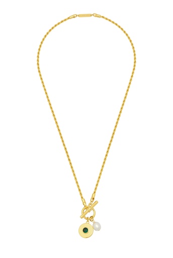 [EBN5882G] Green And Pearl Rope T Bar Necklace - Gold Plated