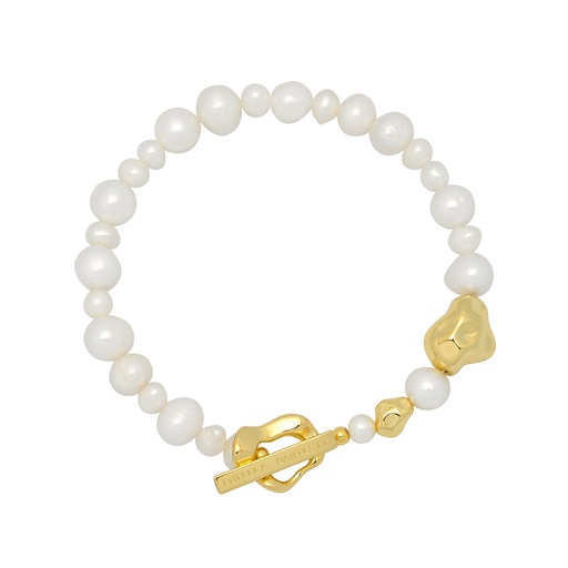[EBB5865G] Organic Pearl And Nugget T-Bar Bracelet - Gold Plated