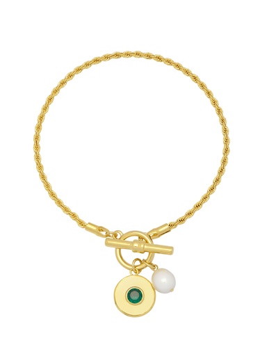 [EBB5887G] Green And Pearl Rope T Bar Bracelet - Gold Plated