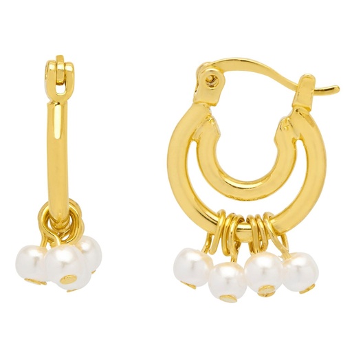 [EBE6088G] Double Hoop Drop Pearl Earrings - Gold Plated