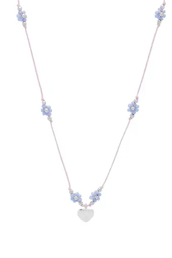 [EBN6102S] Heart And Blue Flower Miyuki Necklace - Silver Plated