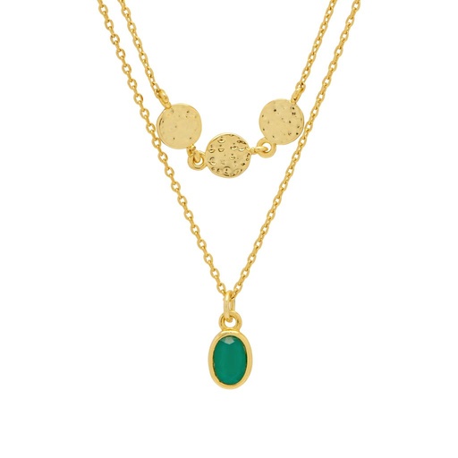 [EBN6103G] Hammered Disc And Green Stone Duo Necklace - Gold Plated