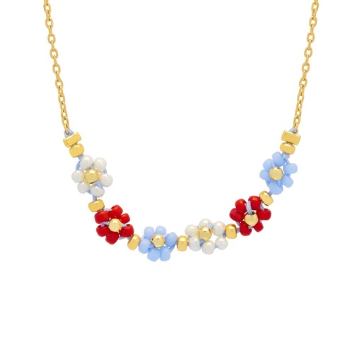 [EBN6107G] Red, Blue And White Daisy Chain Necklace - Gold Plated