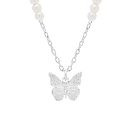 [EBN6120S] Pearl And Butterfly Necklace - Silver Plated
