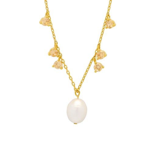 [EBN6121G] Pearl And Orange CZ Necklace - Gold Plated