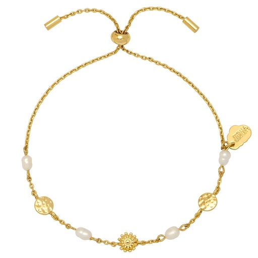 [EBB6136G] Flower Pearl Hammered Disc Bracelet - Gold Plated