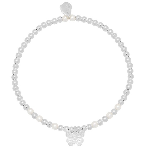[EBB6138S] Pearl And Butterfly Stretch Sienna Bracelet - Silver Plated