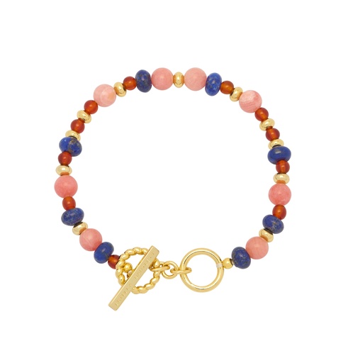 [EBB6145G] Pink, Blue And Red Beaded T Bar Bracelet - Gold Plated