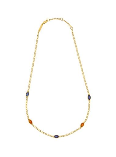 [EBN6156G] Lapis And Red Gemstone Chain Necklace - Gold Plated