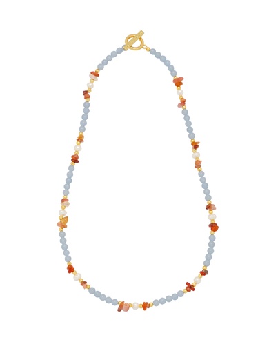 [EBN6161G] Blue Bead And Orange Chip T Bar Necklace - Gold Plated
