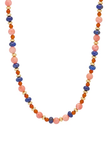 [EBN6163G] Pink, Blue And Red Beaded T Bar Necklace - Gold Plated