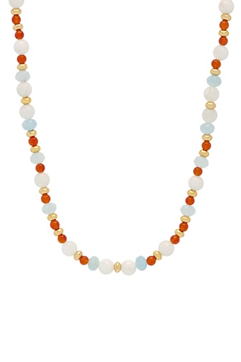 [EBN6164G] Moonstone, Blue And Red Beaded T Bar Necklace - Gold Plated