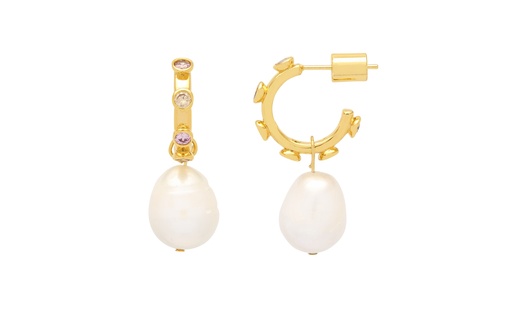 [EBE6170G] Pink Gradient CZ Pearl Drop Hoops - Gold Plated