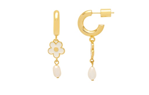 [EBE6174G] Enamel Flower Pearl Hoops - Gold Plated