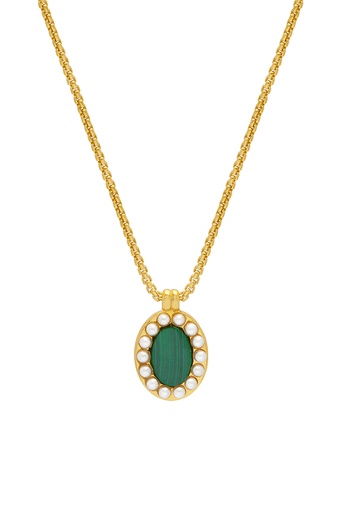 [EBN6430G] Malachite And Pearl Portrait Necklace - Gold Plated