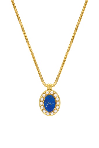 [EBN6431G] Lapis And Pearl Portrait Necklace - Gold Plated