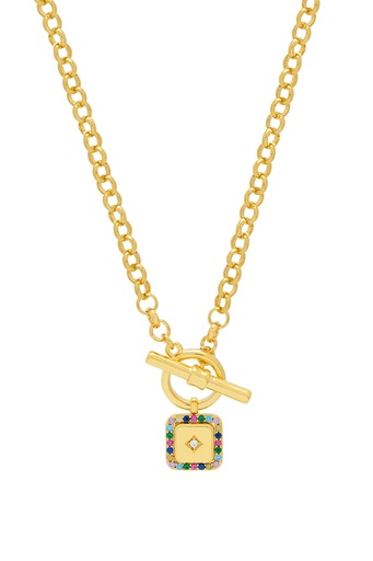 [EBN6434G] Square Multi Cz Paper Link T-Bar Necklace - Gold Plated