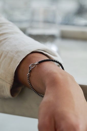 [BLB6803S] Black Leather And Chain Hook Bracelet