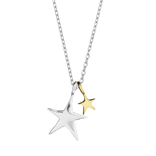 [EB2012C] Two Tone Double Star Necklace - Silver Plated