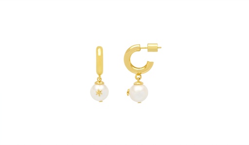 [EBE5653G] Drop Pearl Hoops With Floral Icon - Gold Plated