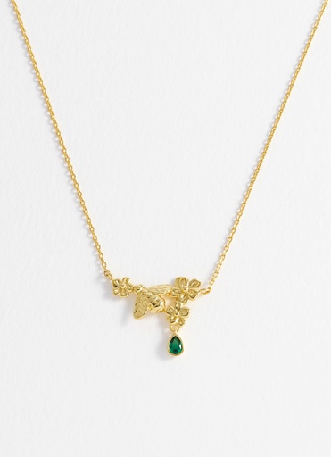 [EBN5796G] Flower Bee Green Droplet Necklace - Gold Plated