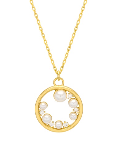 [EBN5797G] Circle Pearl And CZ Necklace - Gold Plated