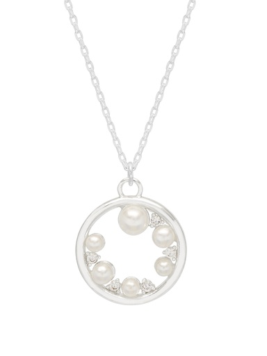 [EBN5798S] Circle Pearl And CZ Necklace - Silver Plated